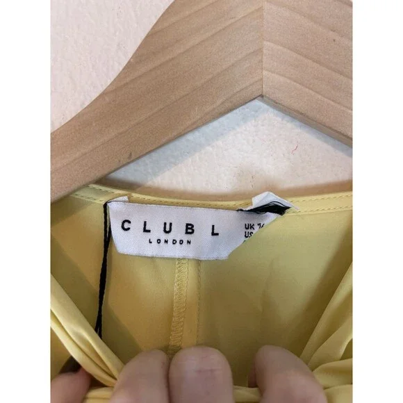 Club L London 12 L Satin Dress Yellow Lemon Lisette Maxi Flutter Sleeve Wrap - Picture 6 of 8